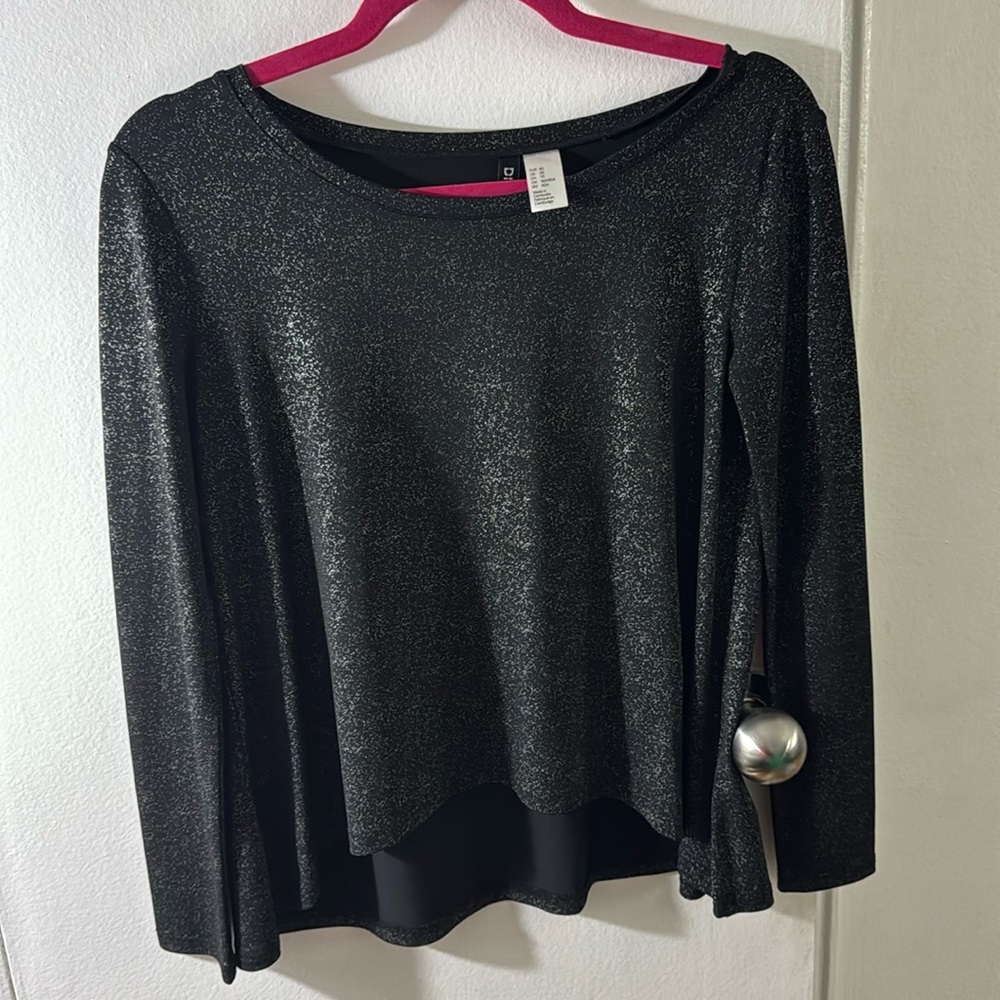 Gray sparkle holiday work party long sleeve shirt high low